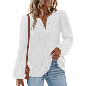 MEROKEETY Women’s Fall Long Sleeve Blouse Shirt 2025 Dressy Casual Crochet Lace V Neck Swiss Dot Tops(White)