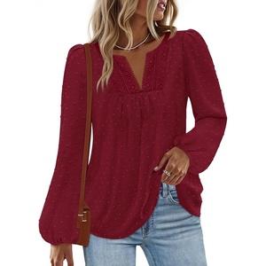 MEROKEETY Women’s Fall Long Sleeve Blouse Shirt 2025 Dressy Casual Crochet Lace V Neck Swiss Dot Tops(Wine Red)