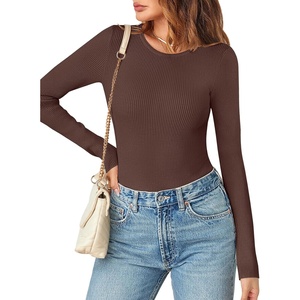 MEROKEETY Women’s Fall Long Sleeve Crew Neck Ribbed Knit Work Bodysuits(Coffee)