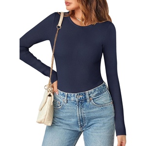 MEROKEETY Women’s Fall Long Sleeve Crew Neck Ribbed Knit Work Bodysuits(Navy)