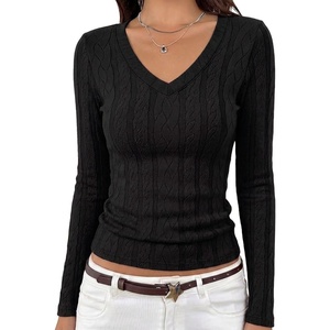 MEROKEETY Womens Fall Long Sleeve V Neck Top Trendy Shirt Business Casual(Black)