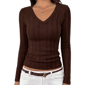 MEROKEETY Womens Fall Long Sleeve V Neck Top Trendy Shirt Business Casual(Brown)