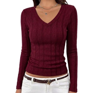 MEROKEETY Womens Fall Long Sleeve V Neck Top Trendy Shirt Business Casual(Burgundy)