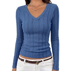 MEROKEETY Womens Fall Long Sleeve V Neck Top Trendy Shirt Business Casual(Dusty Blue)