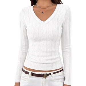 MEROKEETY Womens Fall Long Sleeve V Neck Top Trendy Shirt Business Casual(White)