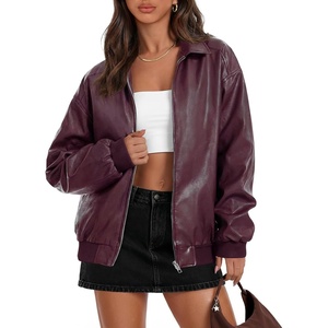 MEROKEETY Womens Fall Winter Oversized Faux Leather Bomber Jacket Coat 2026(Burgundy)