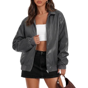 MEROKEETY Womens Fall Winter Oversized Faux Leather Bomber Jacket Coat 2026(Grey)