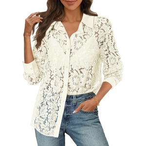 MEROKEETY Women’s Lace Long Sleeve Shirts Dressy Casual Tops Sheer Blouses(Beige)