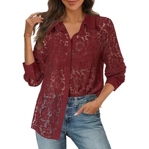 MEROKEETY Women’s Lace Long Sleeve Shirts Dressy Casual Tops Sheer Blouses(Winered)