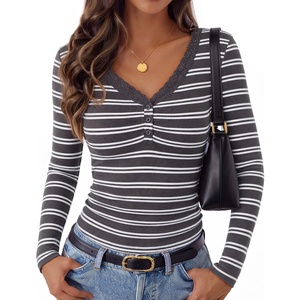 MEROKEETY Women’s Lace Trim V Neck Cute Tops Long Sleeve Henley Shirt(Darkgrey)