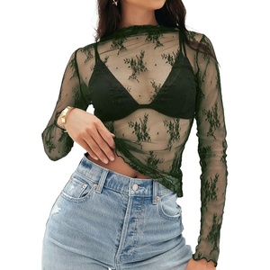 MEROKEETY Womens Mesh Sheer Lace Long Sleeve Mock Neck Blouse Shirt Tops(Green)