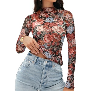 MEROKEETY Womens Mesh Sheer Lace Long Sleeve Mock Neck Blouse Shirt Tops(Multicolor)