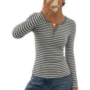 MEROKEETY Womens Striped Long Sleeve Fall Shirts Ribbed Fitted Henley Tops(Stripegrey)