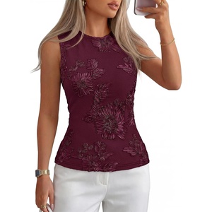 MEROKEETY Womens Summer Floral Mesh Business Casual Tank Tops(Burgundy)