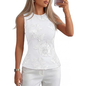MEROKEETY Womens Summer Floral Mesh Business Casual Tank Tops(White)