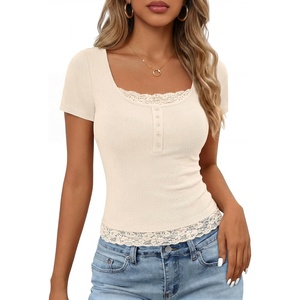 MEROKEETY Womens Summer Lace Trim Tops Cute Short Sleeve Ribbed Shirts 2026(Apricot)