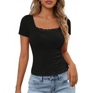 MEROKEETY Womens Summer Lace Trim Tops Cute Short Sleeve Ribbed Shirts 2026(Black)