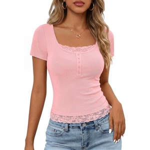 MEROKEETY Womens Summer Lace Trim Tops Cute Short Sleeve Ribbed Shirts 2026(Pink)