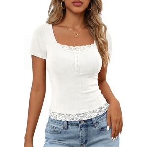 MEROKEETY Womens Summer Lace Trim Tops Cute Short Sleeve Ribbed Shirts 2026(White)