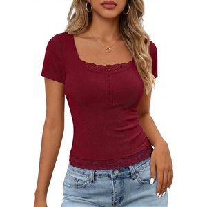 MEROKEETY Womens Summer Lace Trim Tops Cute Short Sleeve Ribbed Shirts 2026(Wine Red)