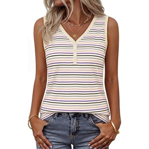 MEROKEETY Womens Summer Tank Tops Striped V Neck Sleeveless Henley Shirts(Beige Blue)
