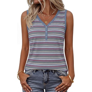MEROKEETY Womens Summer Tank Tops Striped V Neck Sleeveless Henley Shirts(Dusty Blue)