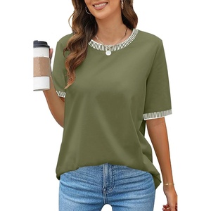 MEROKEETY Women’s Summer Tops 2026 Short Sleeve Casual Trendy Striped Color Block T Shirts Loose Blouse(Army Green)