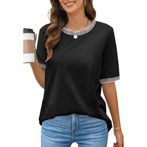 MEROKEETY Women’s Summer Tops 2026 Short Sleeve Casual Trendy Striped Color Block T Shirts Loose Blouse(Black)