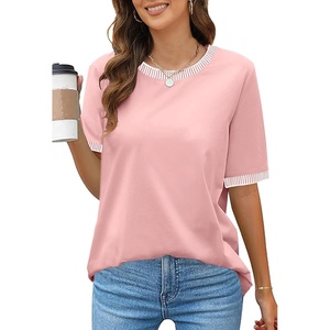 MEROKEETY Women’s Summer Tops 2026 Short Sleeve Casual Trendy Striped Color Block T Shirts Loose Blouse(Light Pink)