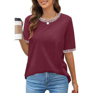 MEROKEETY Women’s Summer Tops 2026 Short Sleeve Casual Trendy Striped Color Block T Shirts Loose Blouse(Wine)