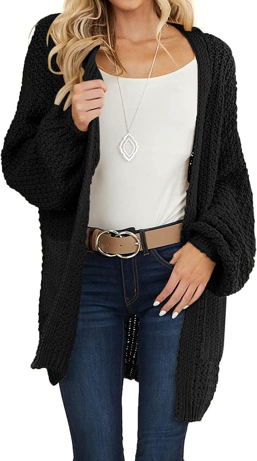 image:imageMEROKEETY Womens 2026 Fall Long Sleeve Chunky Knit Cardigan SweatersBlack