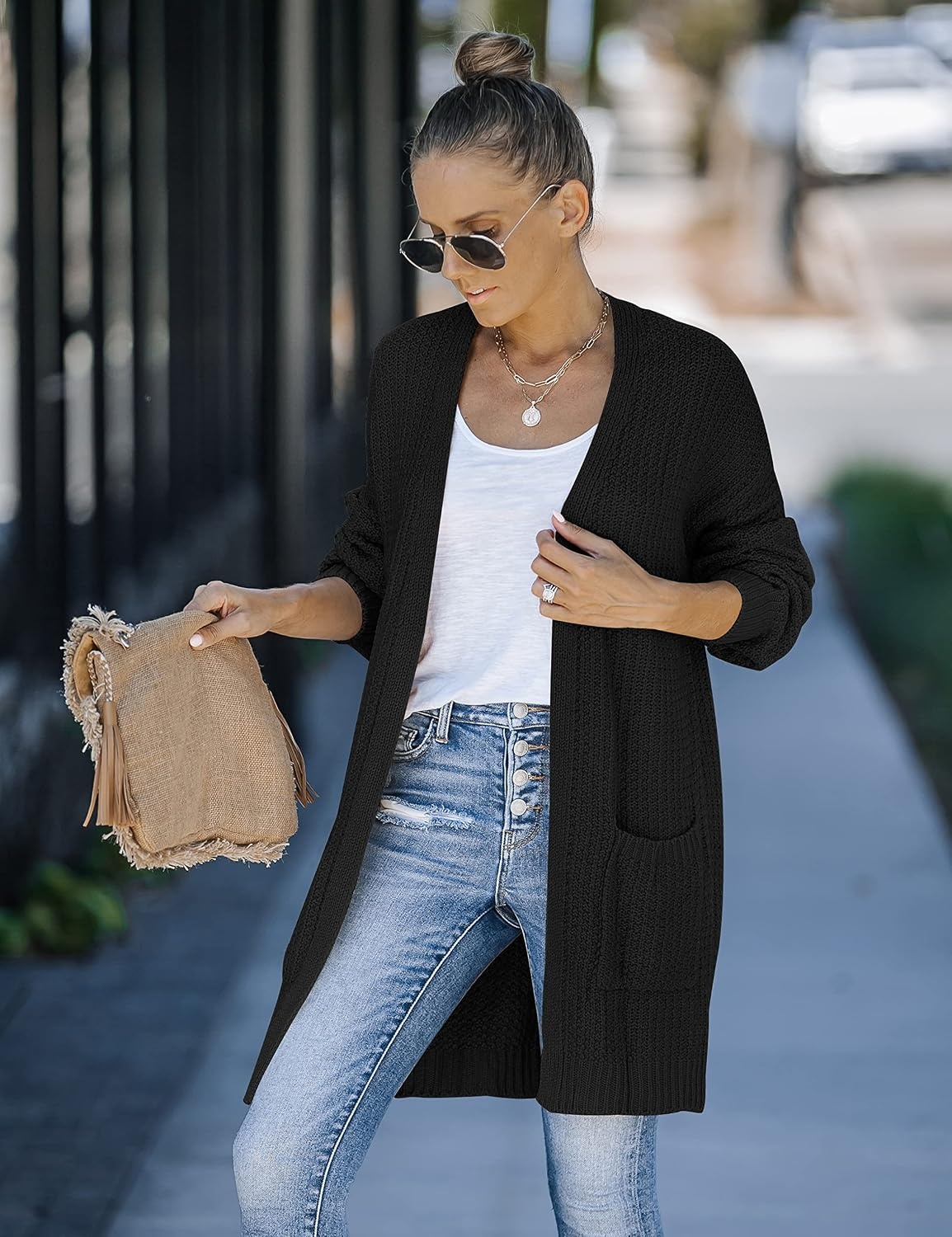 image:imageMEROKEETY Womens 2026 Fall Long Sleeve Chunky Knit Cardigan SweatersBlack