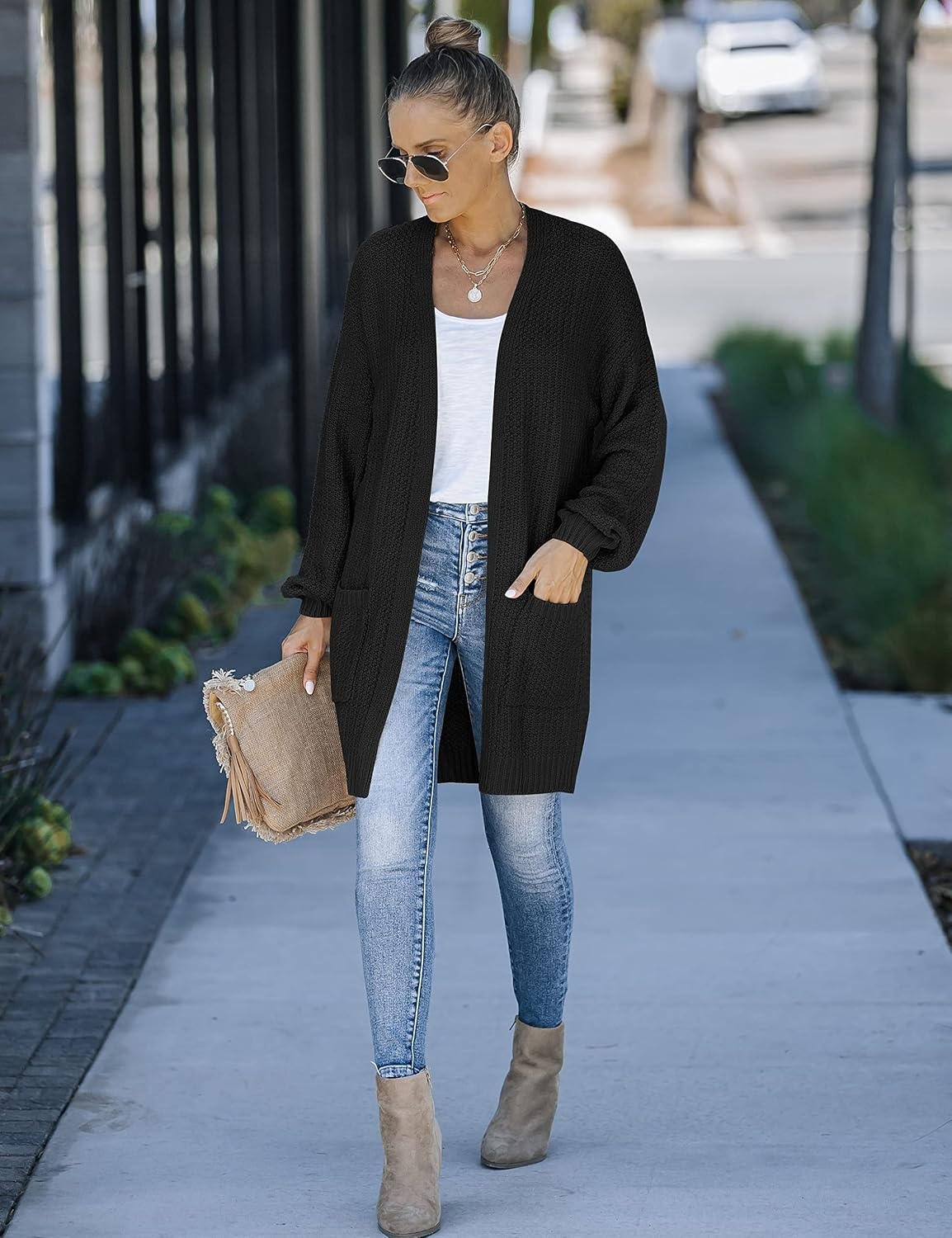 image:imageMEROKEETY Womens 2026 Fall Long Sleeve Chunky Knit Cardigan SweatersBlack