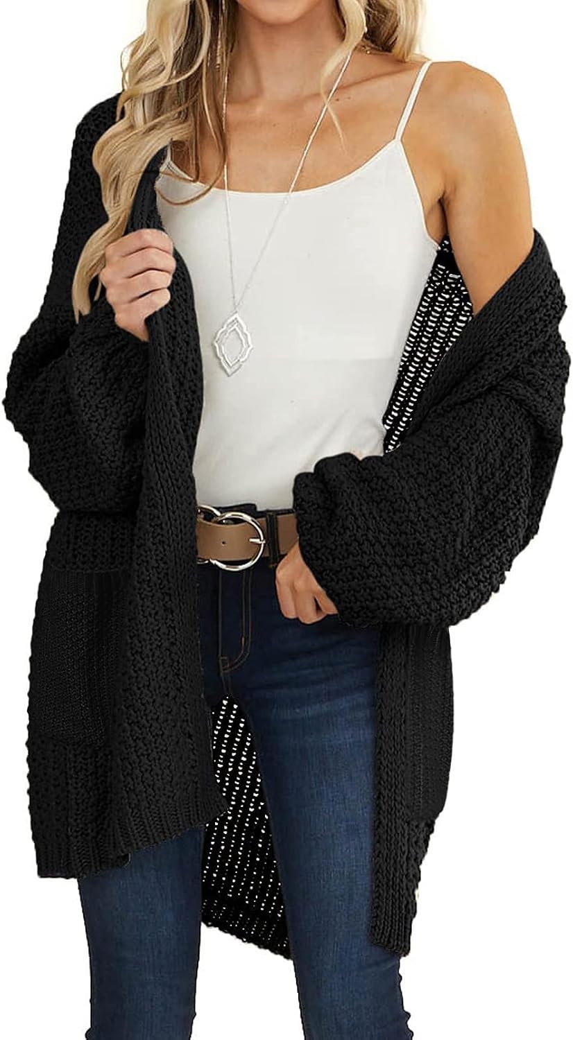 image:imageMEROKEETY Womens 2026 Fall Long Sleeve Chunky Knit Cardigan SweatersBlack