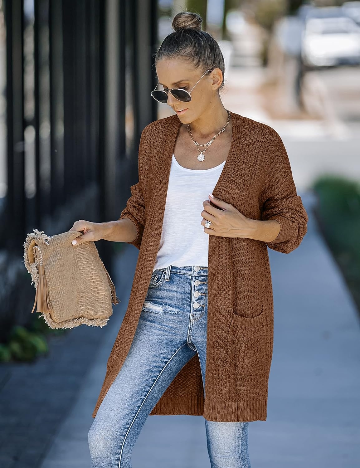 image:imageMEROKEETY Womens 2026 Fall Long Sleeve Chunky Knit Cardigan SweatersBrown