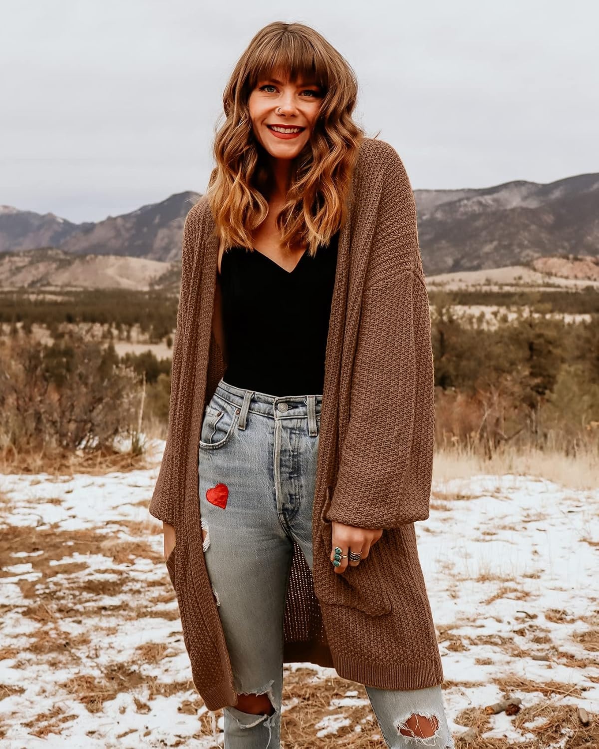 image:imageMEROKEETY Womens 2026 Fall Long Sleeve Chunky Knit Cardigan SweatersBrown