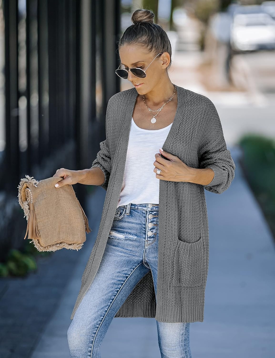 image:imageMEROKEETY Womens 2026 Fall Long Sleeve Chunky Knit Cardigan SweatersDark Grey