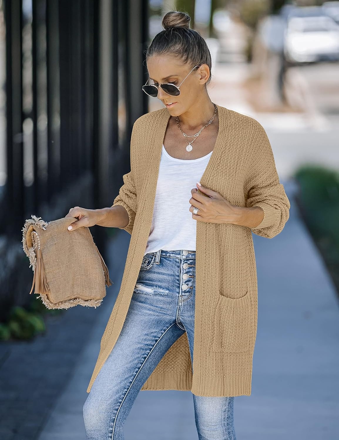 image:imageMEROKEETY Womens 2026 Fall Long Sleeve Chunky Knit Cardigan SweatersKhaki