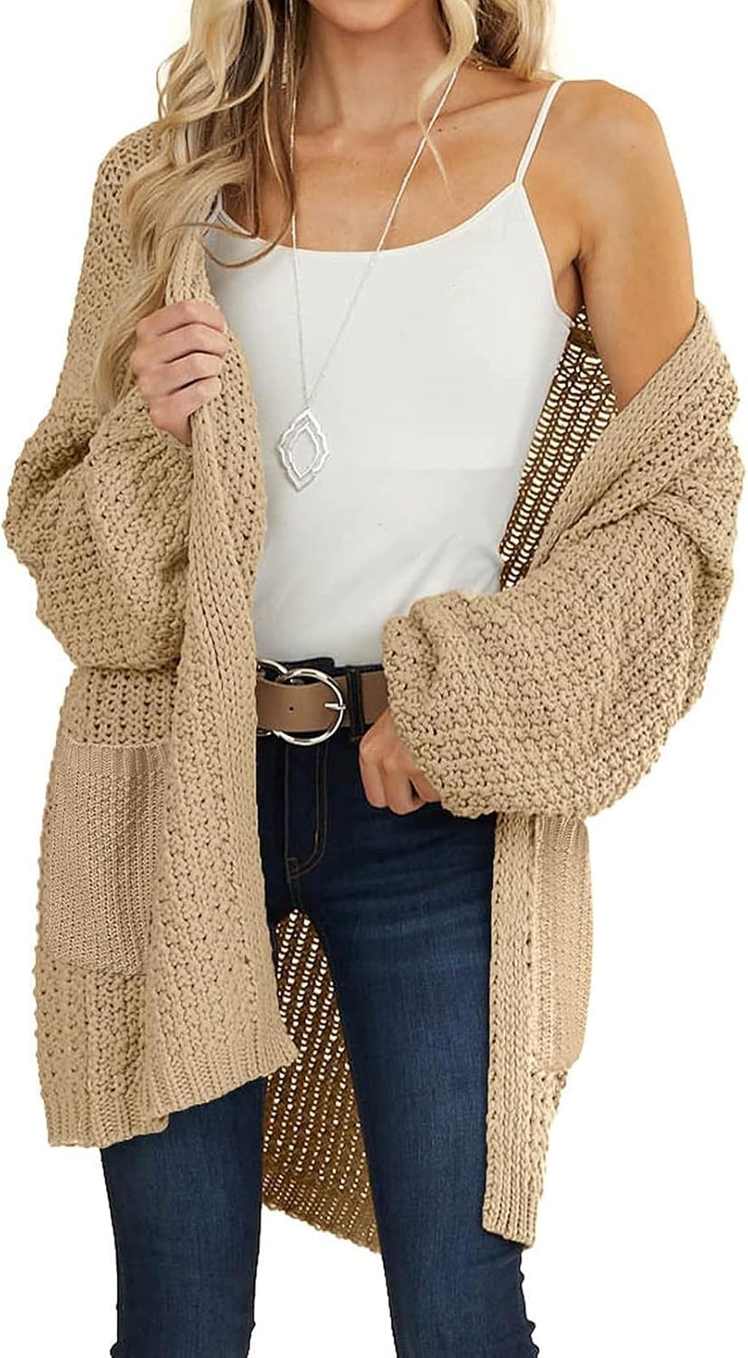 image:imageMEROKEETY Womens 2026 Fall Long Sleeve Chunky Knit Cardigan SweatersKhaki
