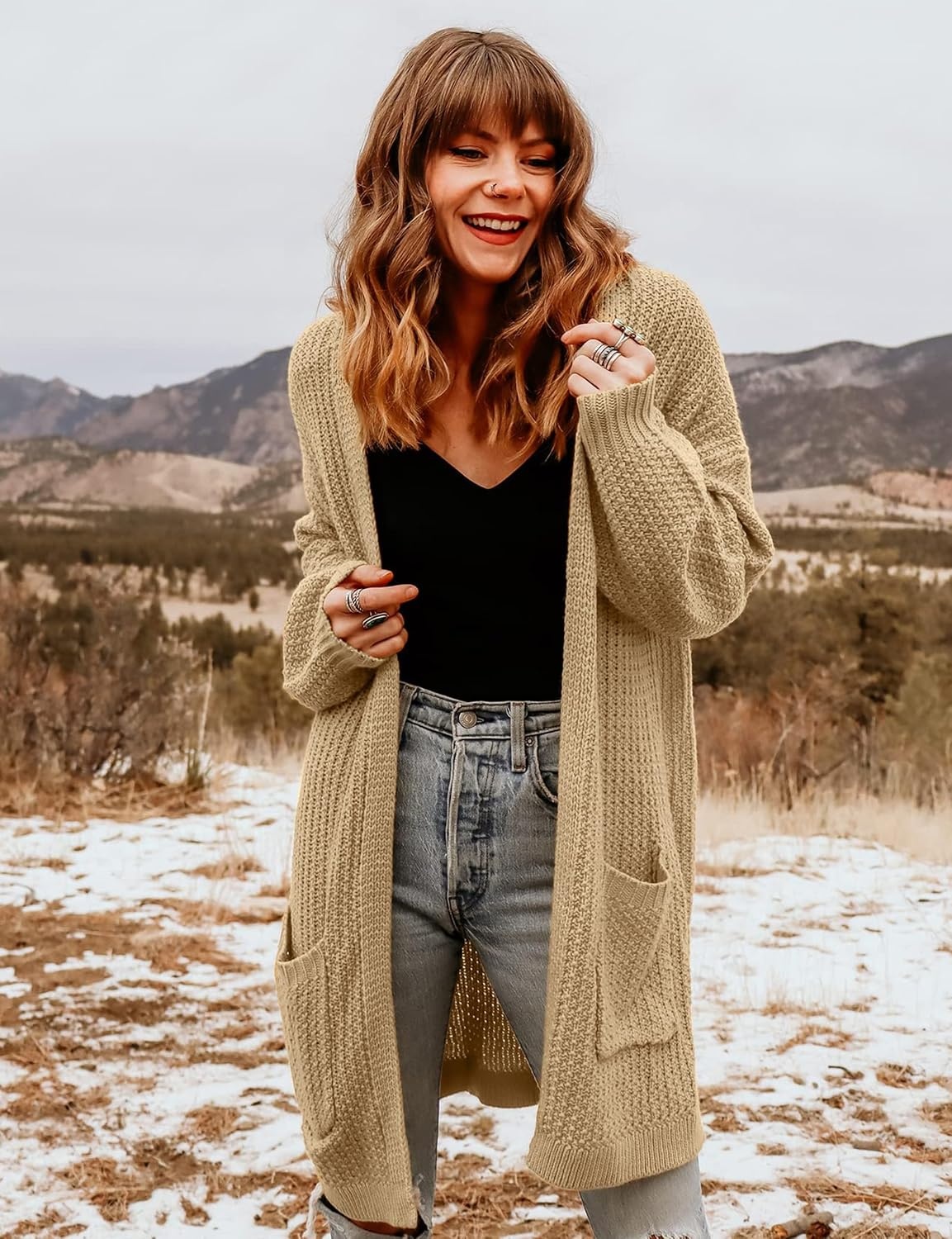 image:imageMEROKEETY Womens 2026 Fall Long Sleeve Chunky Knit Cardigan SweatersKhaki