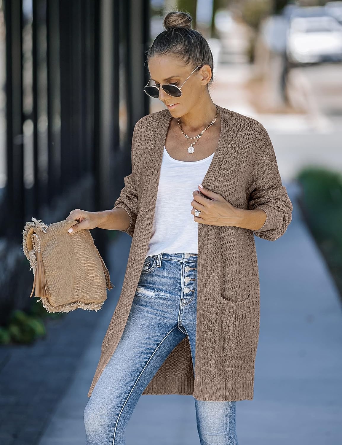image:imageMEROKEETY Womens 2026 Fall Long Sleeve Chunky Knit Cardigan SweatersMocha