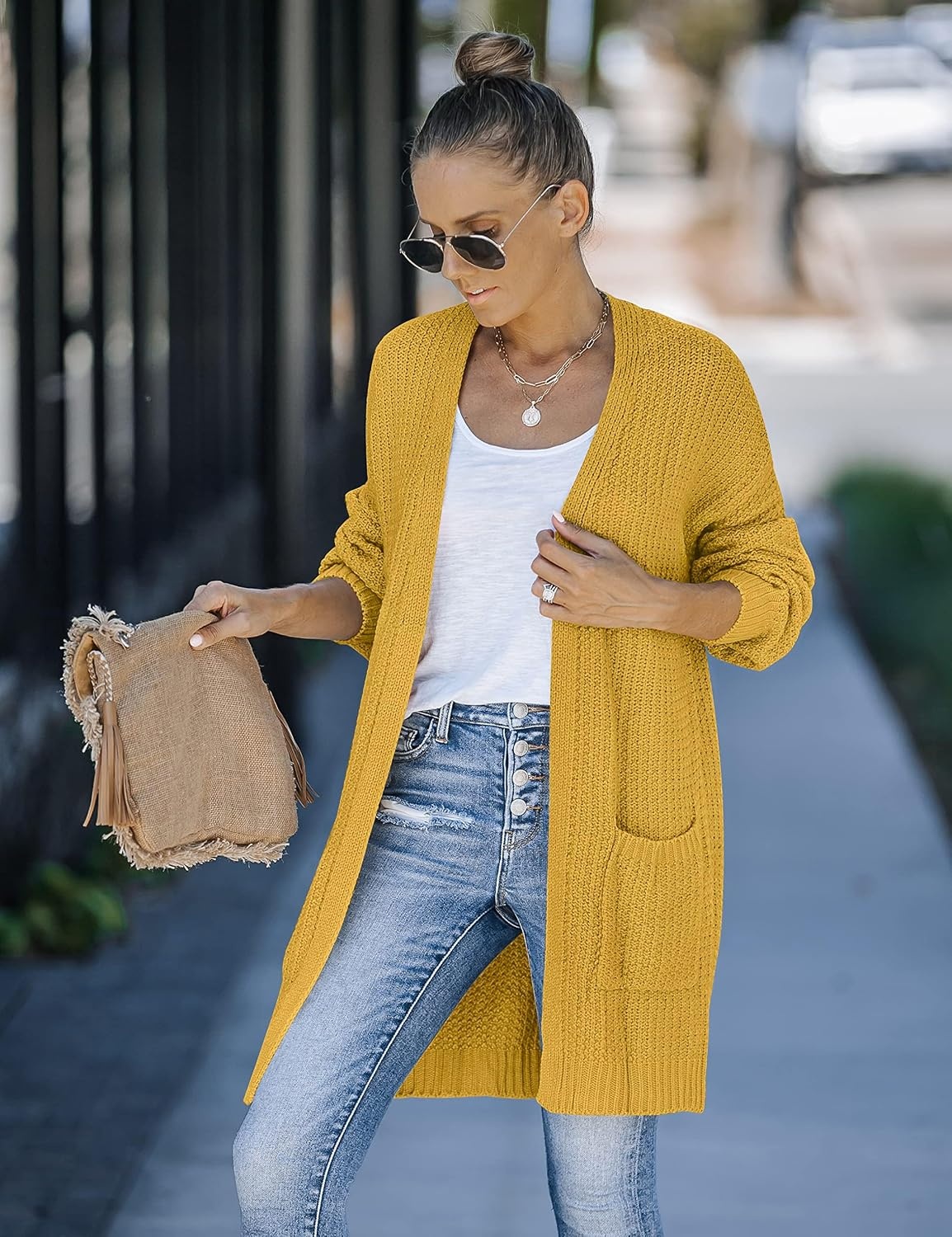 image:imageMEROKEETY Womens 2026 Fall Long Sleeve Chunky Knit Cardigan SweatersMustard
