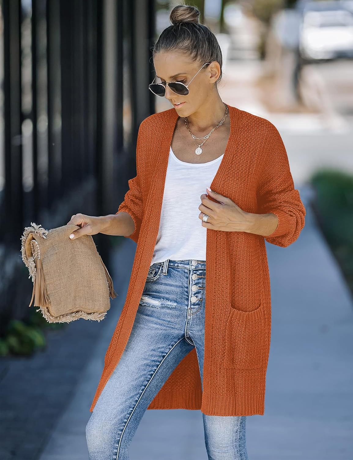 image:imageMEROKEETY Womens 2026 Fall Long Sleeve Chunky Knit Cardigan SweatersOrange