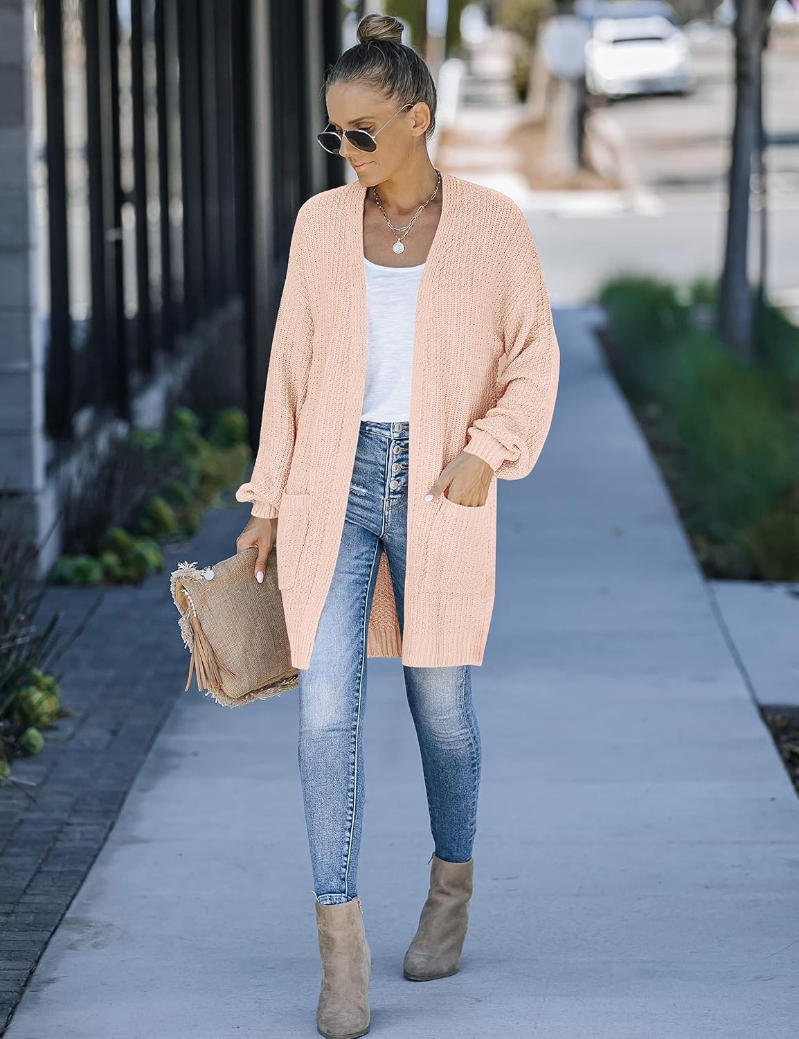 image:imageMEROKEETY Womens 2026 Fall Long Sleeve Chunky Knit Cardigan SweatersPink