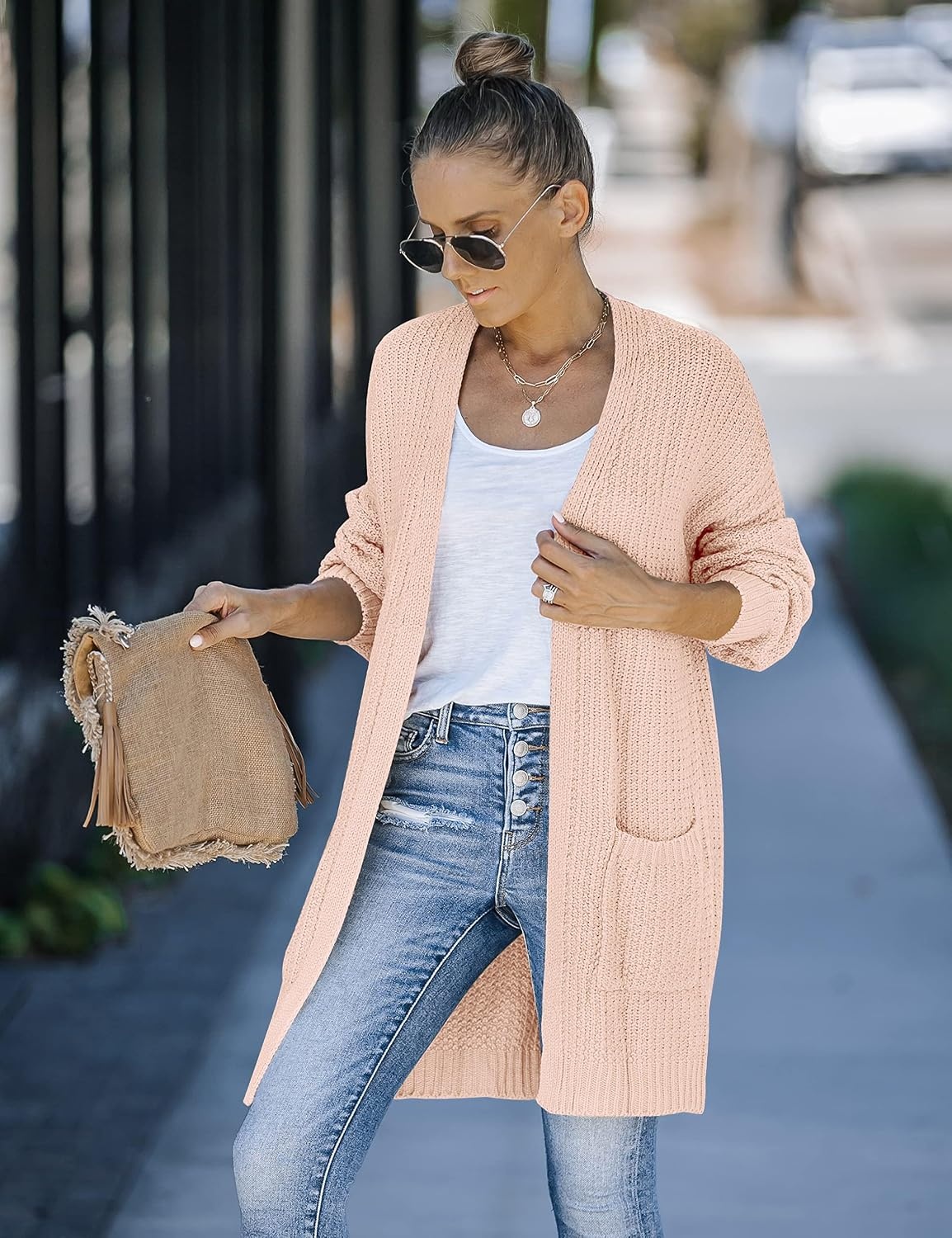 image:imageMEROKEETY Womens 2026 Fall Long Sleeve Chunky Knit Cardigan SweatersPink