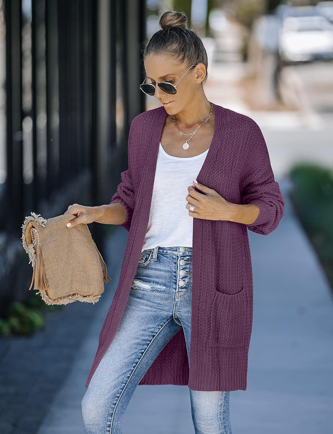 image:imageMEROKEETY Womens 2026 Fall Long Sleeve Chunky Knit Cardigan SweatersPlum