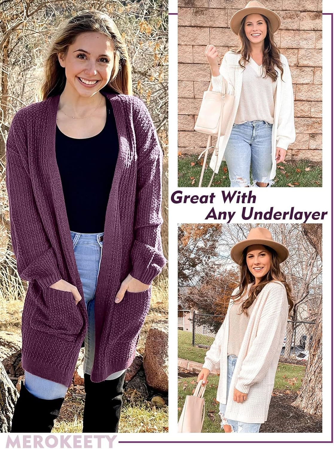 image:imageMEROKEETY Womens 2026 Fall Long Sleeve Chunky Knit Cardigan SweatersPlum