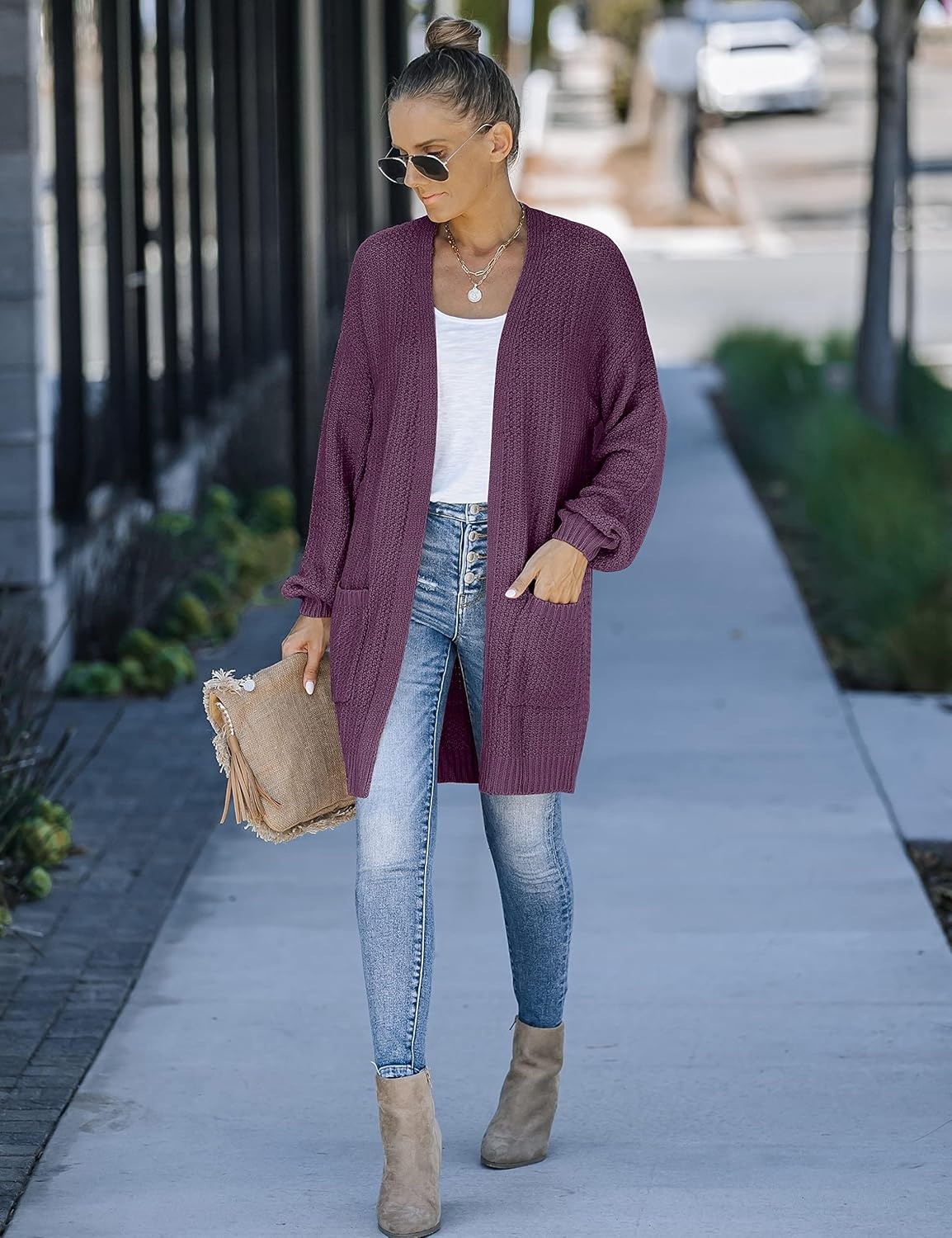 image:imageMEROKEETY Womens 2026 Fall Long Sleeve Chunky Knit Cardigan SweatersPlum