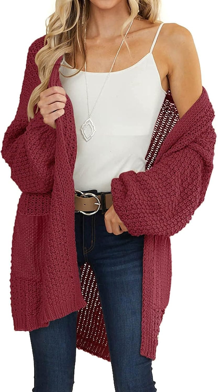 image:imageMEROKEETY Womens 2026 Fall Long Sleeve Chunky Knit Cardigan SweatersWine