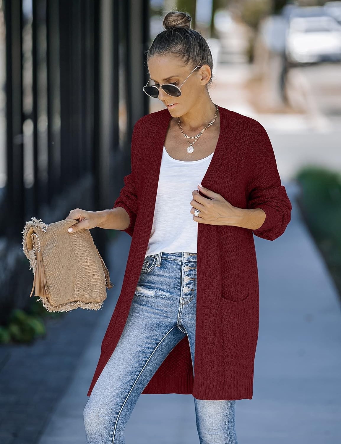 image:imageMEROKEETY Womens 2026 Fall Long Sleeve Chunky Knit Cardigan SweatersWine